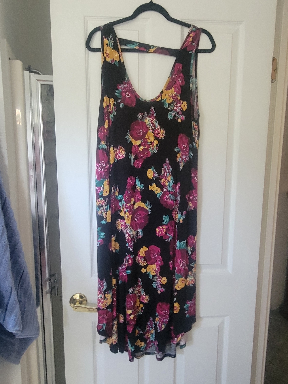 Black Floral Midi Dress with Pink and Yellow Blooms